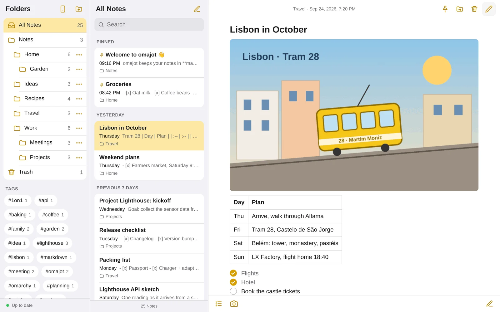 The omajot web app with folders, the note list and a note in split view with a picture, a table and a checklist