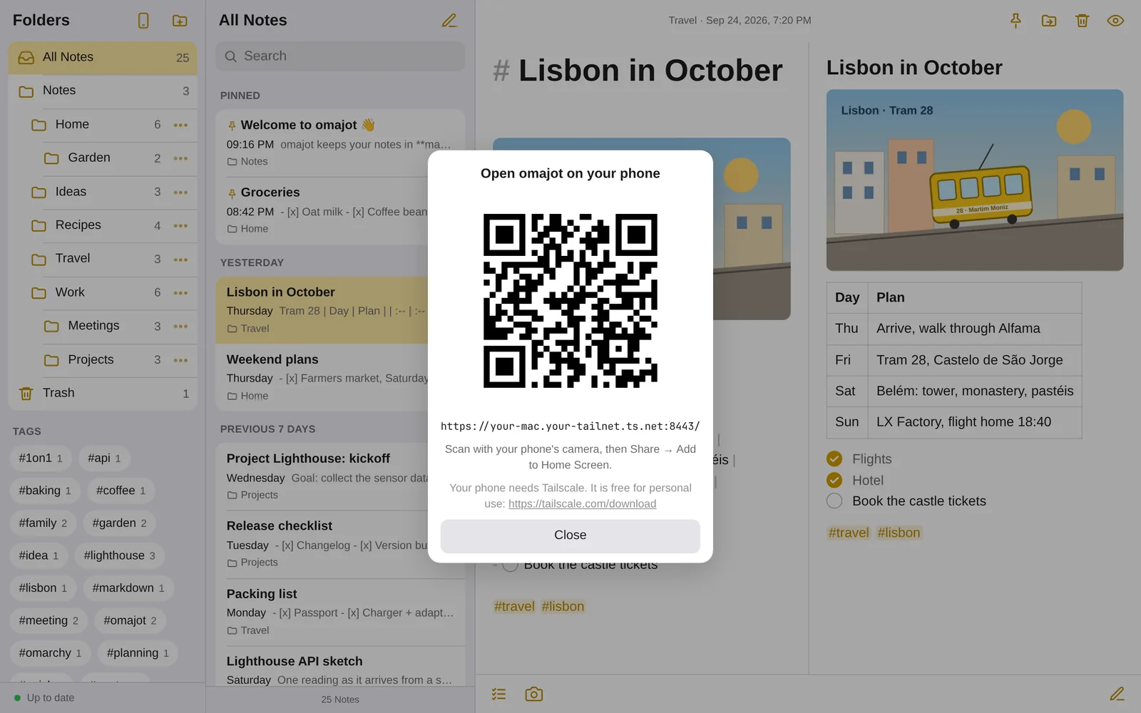 The web app shows its URL as a QR code