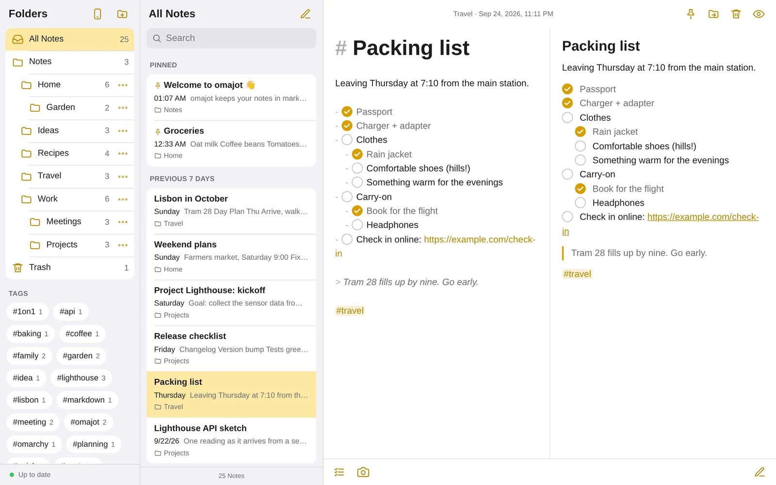 A packing list with nested checklist items, a link and a quote: source and preview in the web app