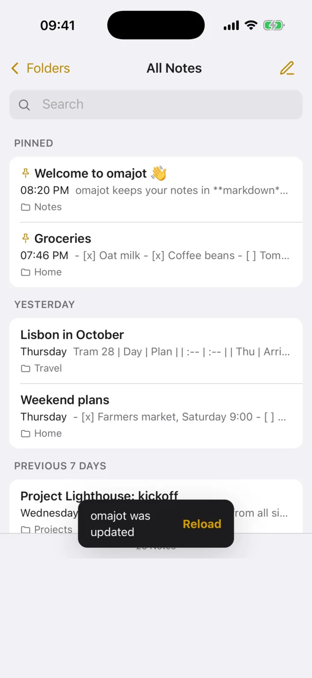 The note list on an iPhone