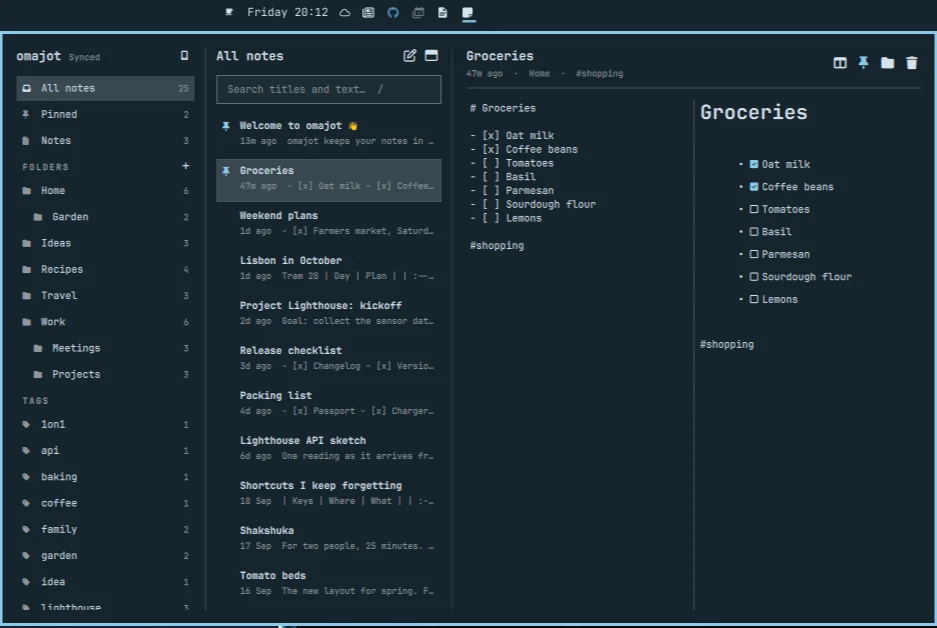 The omajot dropdown under the note icon in the Omarchy bar, with the Groceries checklist in split view
