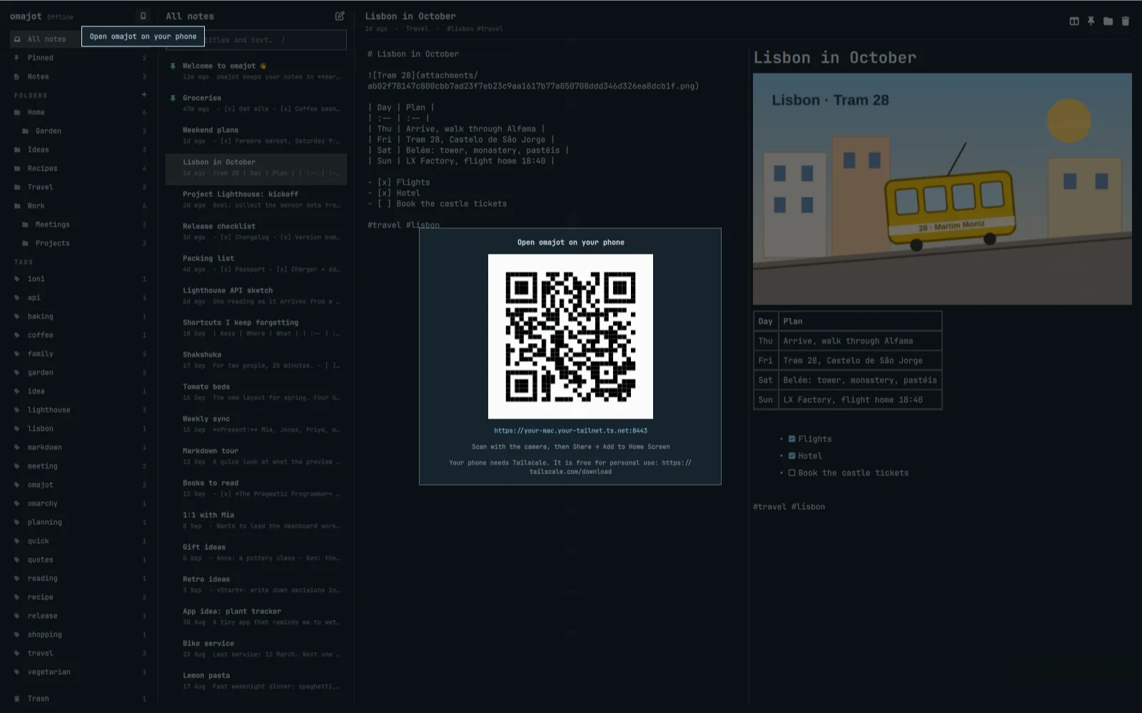 The phone QR code over the main window