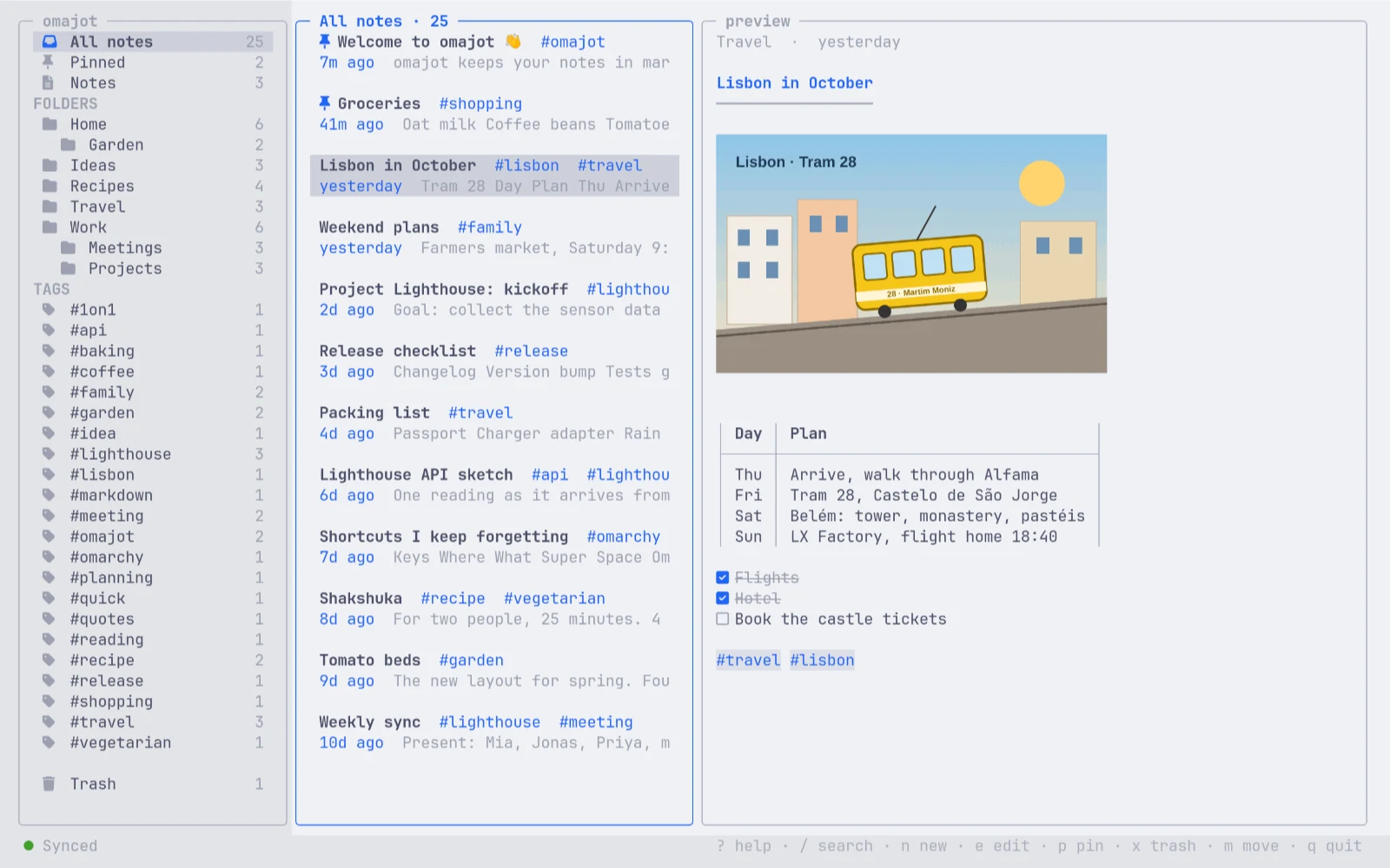 omajot tui in Ghostty: folders and tags, the note list, and a note with a picture, a table and a checklist