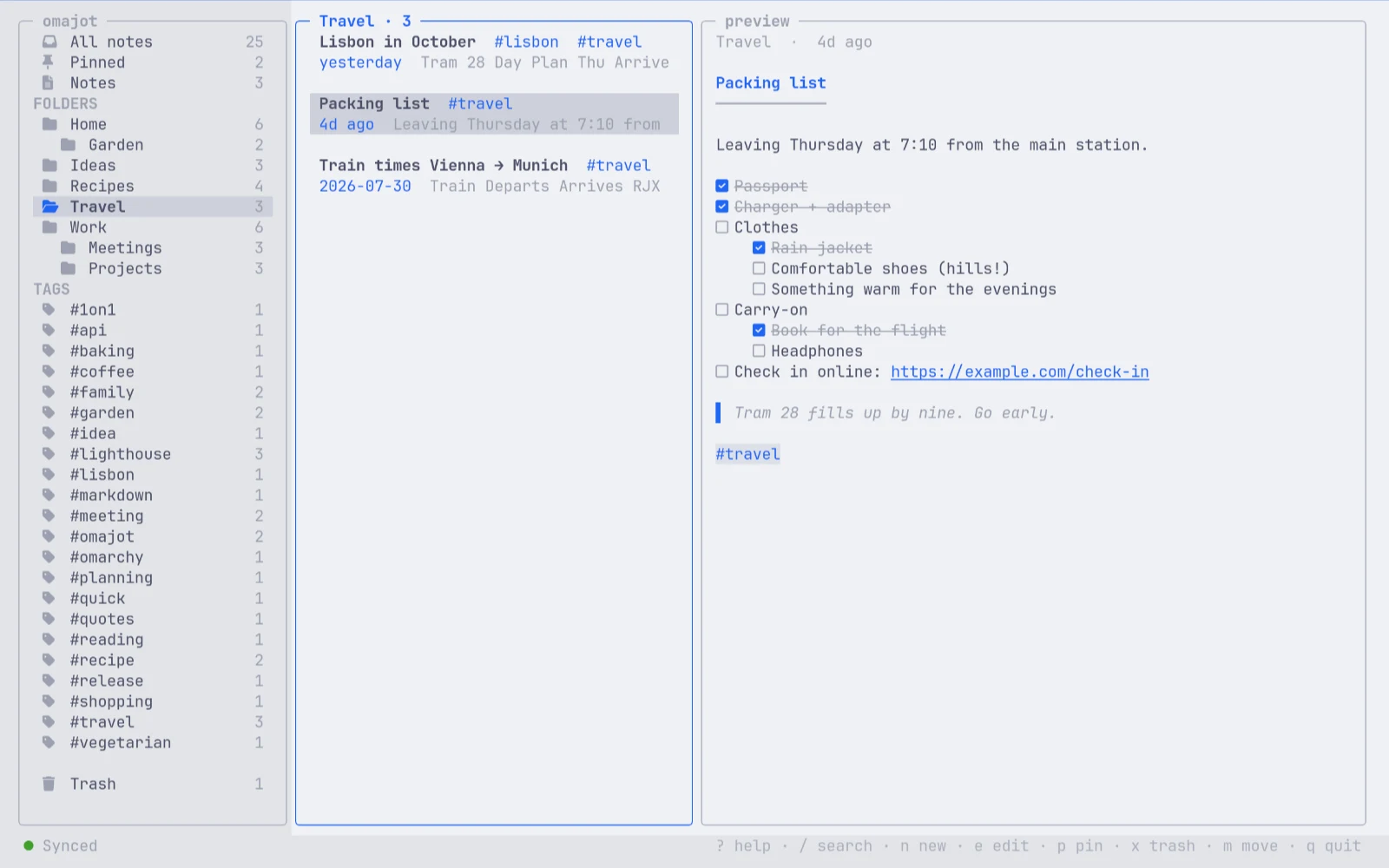 omajot tui with the Travel folder and a packing list with nested checklist items, a link and a quote