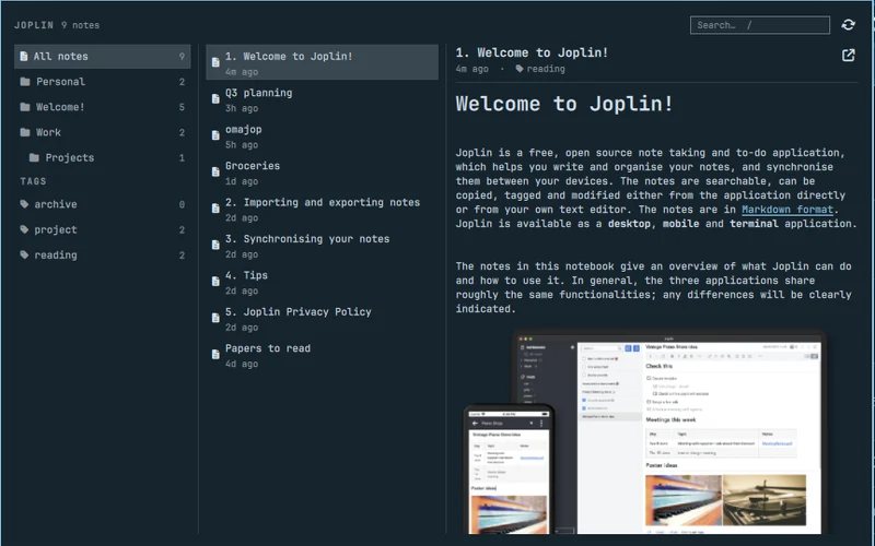 The omajop panel: folders and tags, notes, and the rendered note